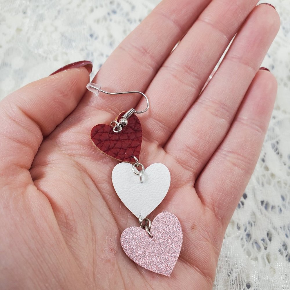 Mini Red, White, and Pink Faux Leather Textured Heart Earring set